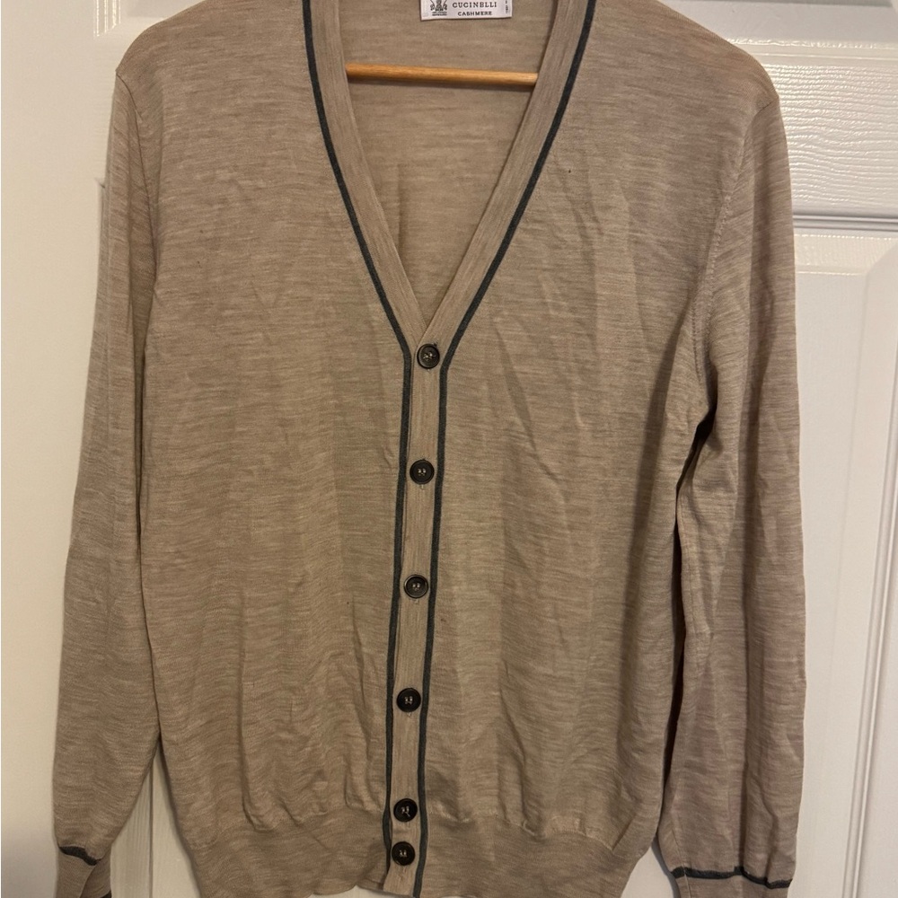 Brunello Cucinelli Tan Cardigan with Gray Accents